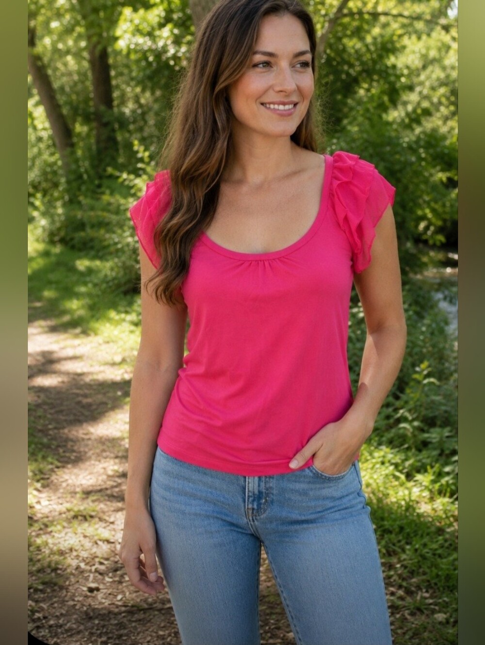 Express Bright Pink Ruffle Cap Sleeve Scoop Neck Feminine Top Small Petite